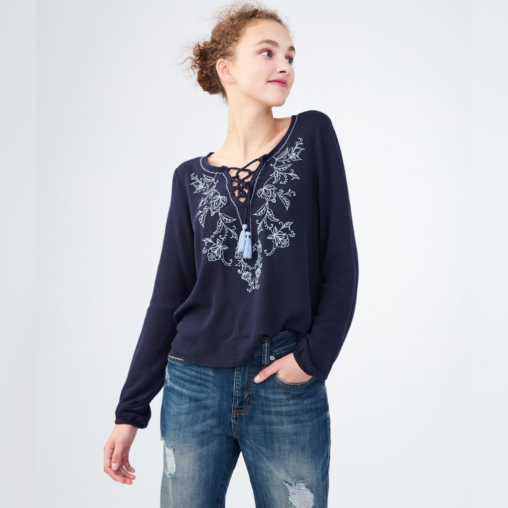 Aeropostale Embroidered Lace Up Blouse